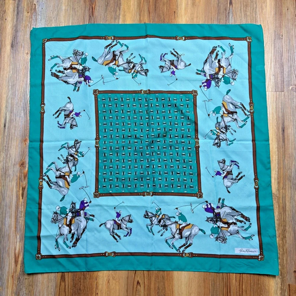 Vintage Jim Renoir Equestrian Horse Riding Horsebit Green Blue Scarf